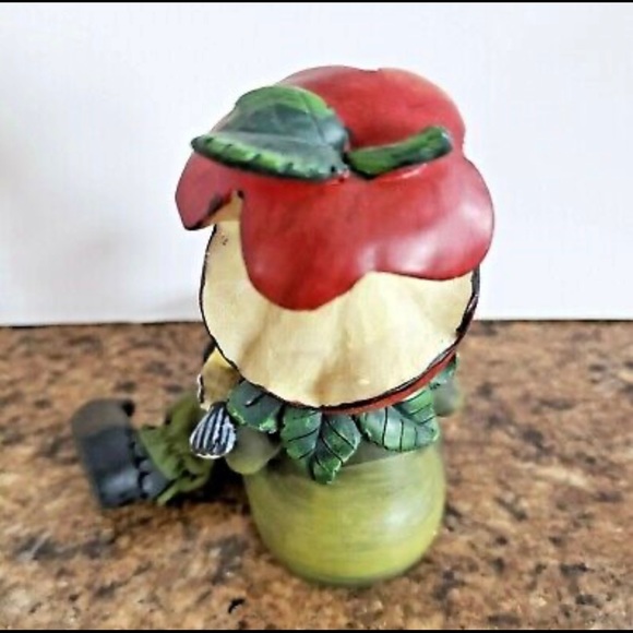 Vintage Dangle Leg Boy Figurine Shelf Sitter Apple Core Hat Holding Apple Bird - Picture 2 of 5